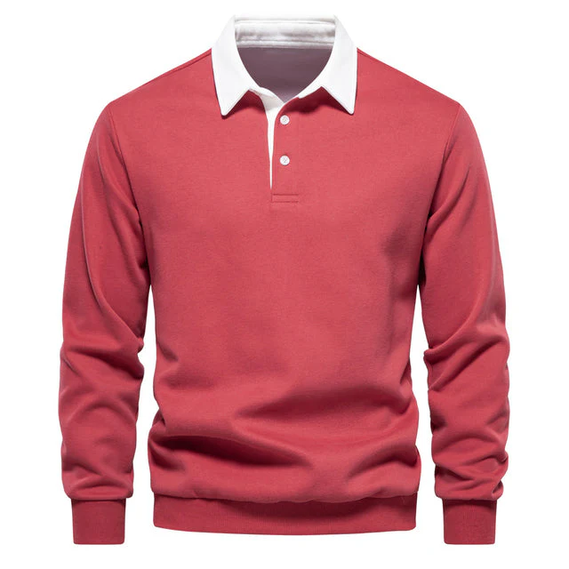Men's Polo Shirt - Long Sleeves - Contrast Collar - Breathable Cotton - Slim Fit - Image 8