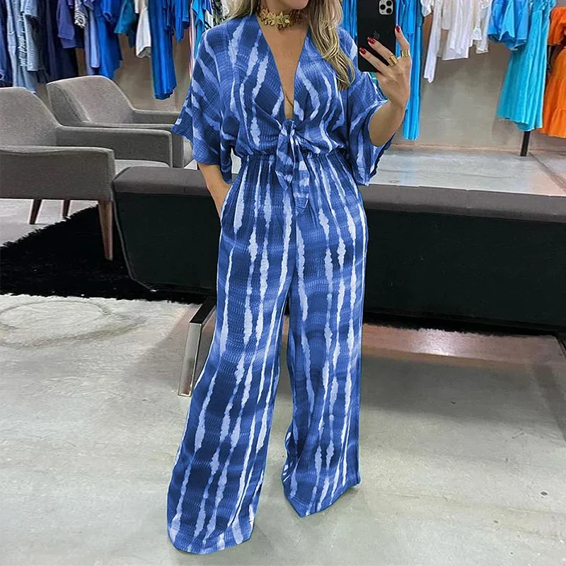 Women's Jumpsuit – V-neck – Wide Legs – Waist Belt – Comfortable Fit - Image 2