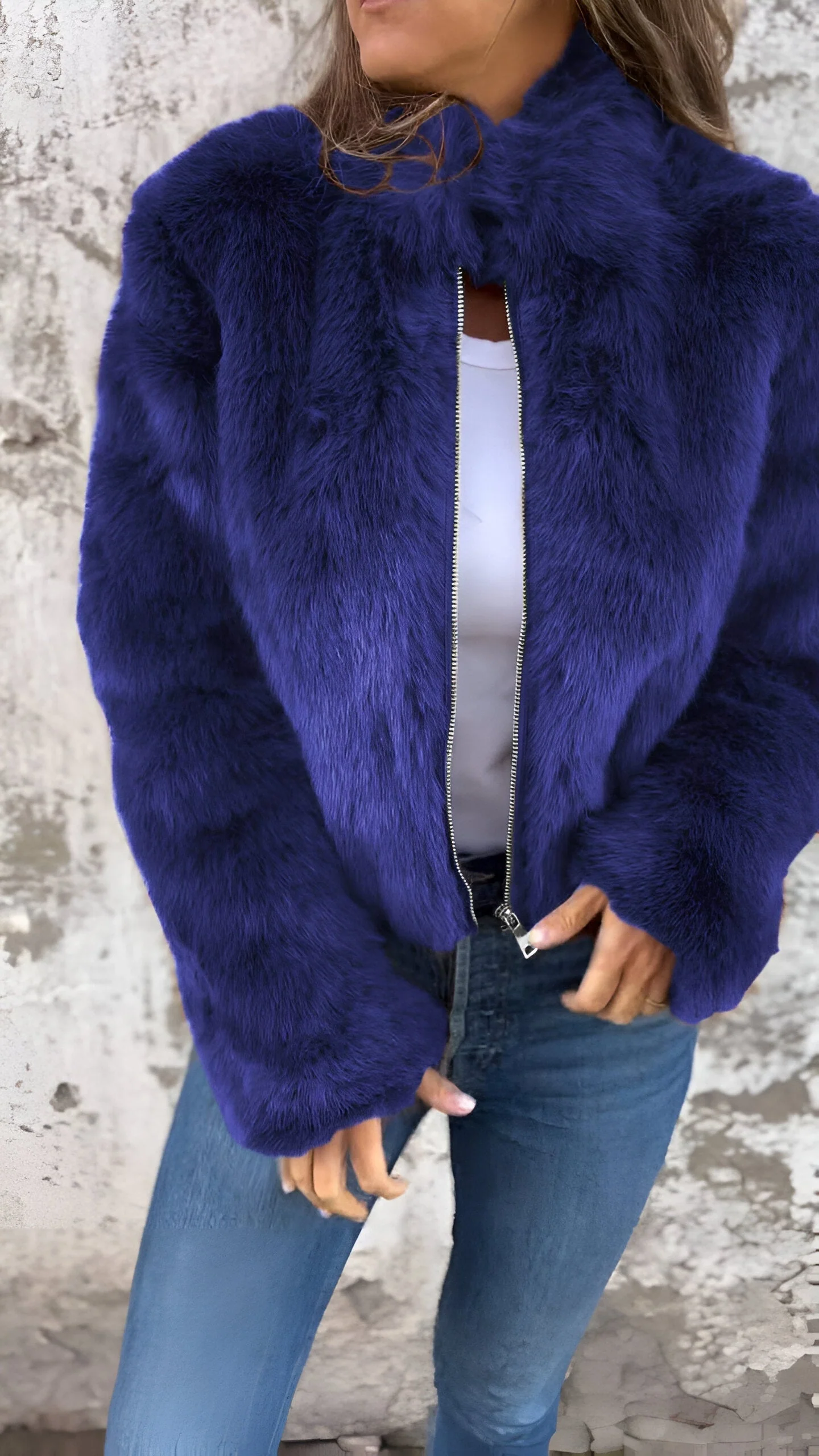 Women's Jacket - Faux Fur - High Collar - Regular Fit - Zipper Closure - Fashionable & Warm - Image 3
