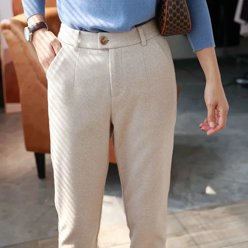Ladies Trousers - Woolblend Herringbone - High Waist - Classic With Pleat And Belt Loop - Image 2
