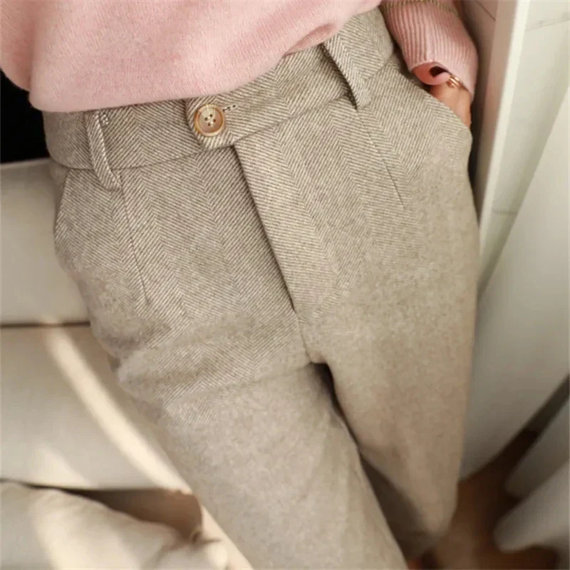 Ladies Trousers - Woolblend Herringbone - High Waist - Classic With Pleat And Belt Loop - Image 3