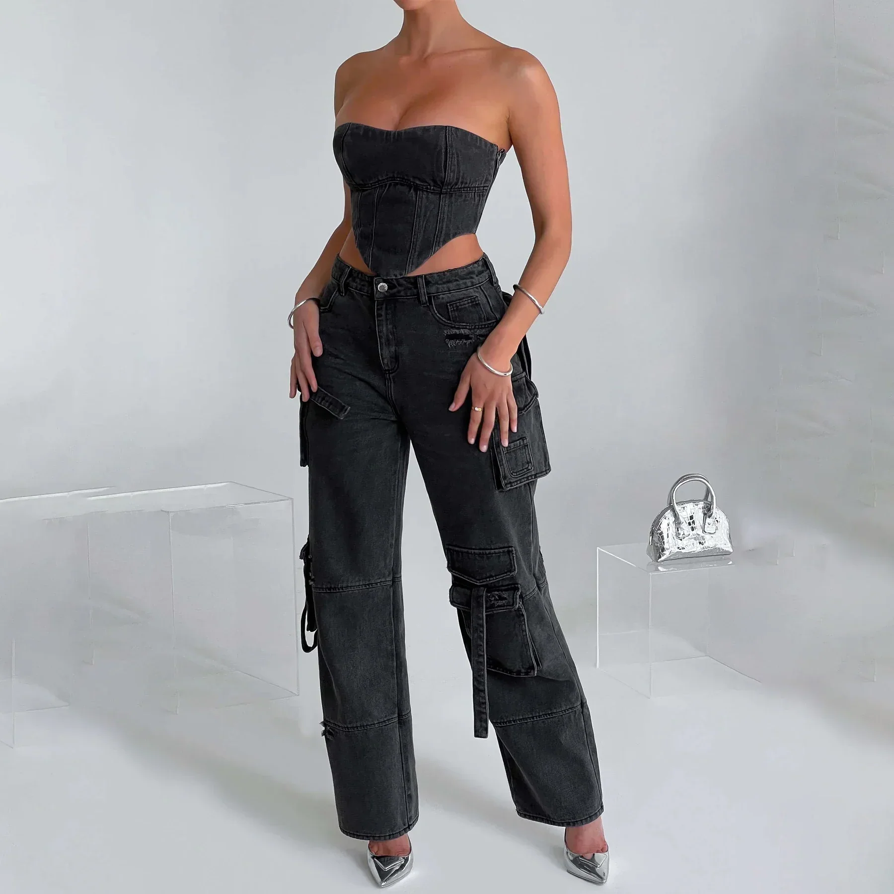 Women's Corset Top – Denim – Strapless – Fitted – Cropped – Fashionable Fit - Image 6