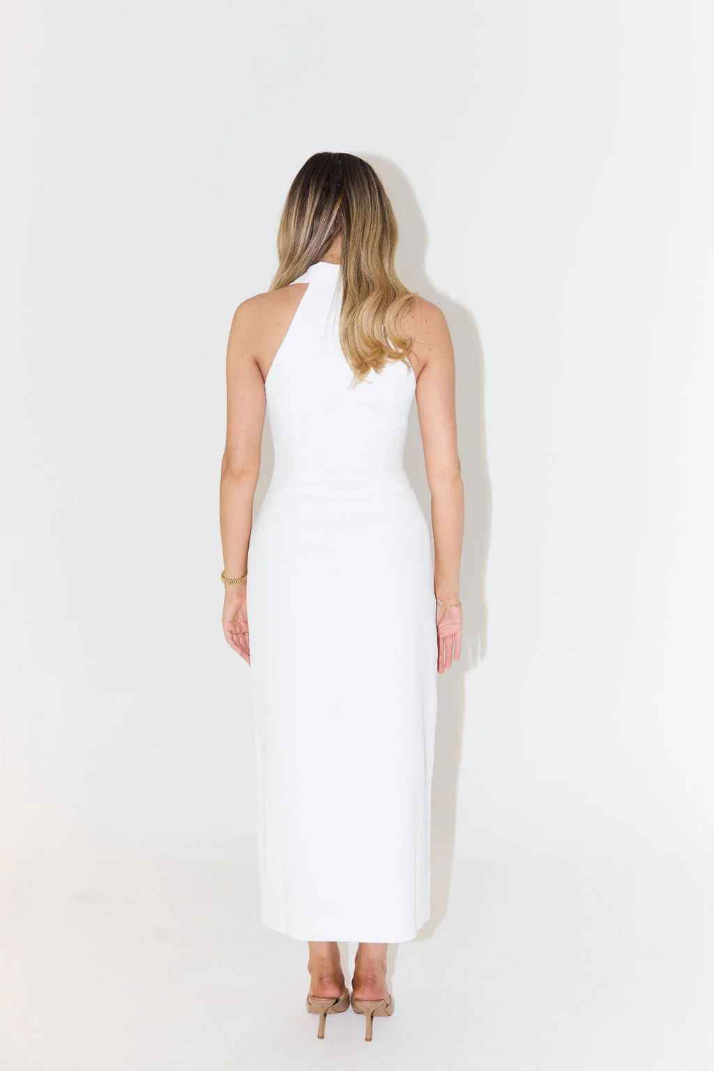 Women's Dress - Halter Neck - Deep V-Neck - Midi Length - Fitted - Front Button Closure - Image 3