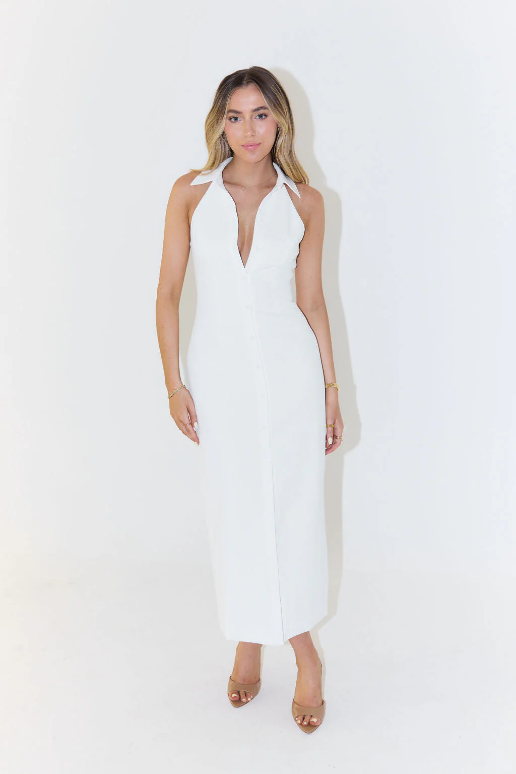 Women's Dress - Halter Neck - Deep V-Neck - Midi Length - Fitted - Front Button Closure - Image 5