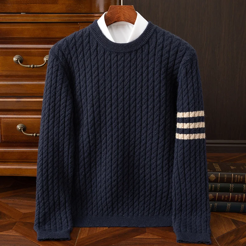 Thomas Cable Knit Crewneck Sweater | Striped Sleeves Crewneck Sweater - Image 2