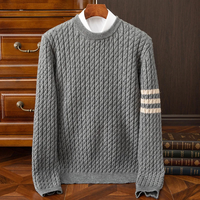 Thomas Cable Knit Crewneck Sweater | Striped Sleeves Crewneck Sweater - Image 3