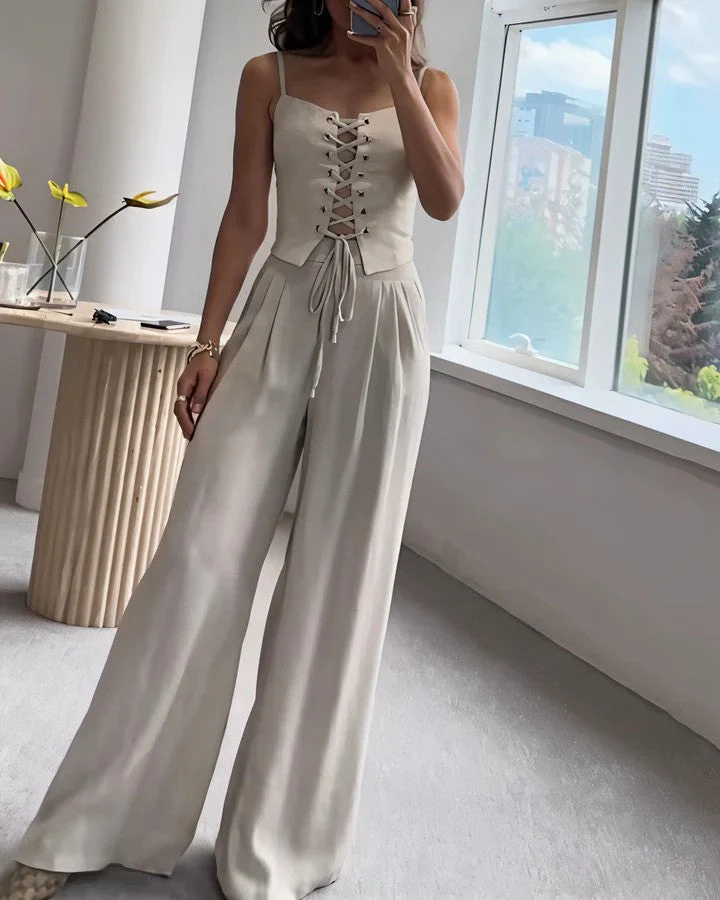 Ladies Jumpsuit - Corset Top with Lace-Up Closure - Spaghetti Straps - Wide Legs - Image 2