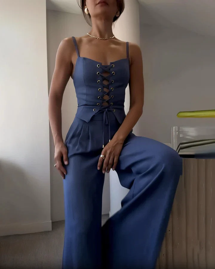 Ladies Jumpsuit - Corset Top with Lace-Up Closure - Spaghetti Straps - Wide Legs - Image 3