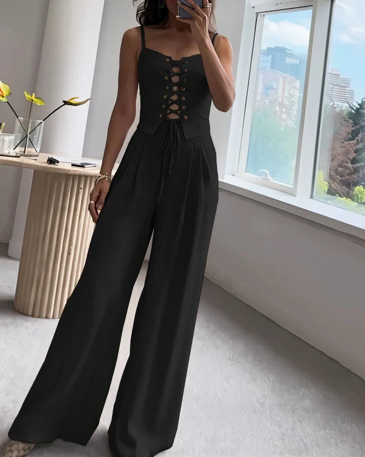 Ladies Jumpsuit - Corset Top with Lace-Up Closure - Spaghetti Straps - Wide Legs - Image 4