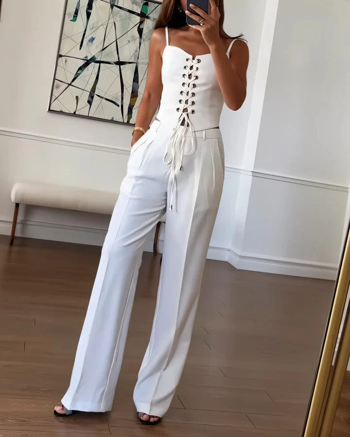 Ladies Jumpsuit - Corset Top with Lace-Up Closure - Spaghetti Straps - Wide Legs - Image 5