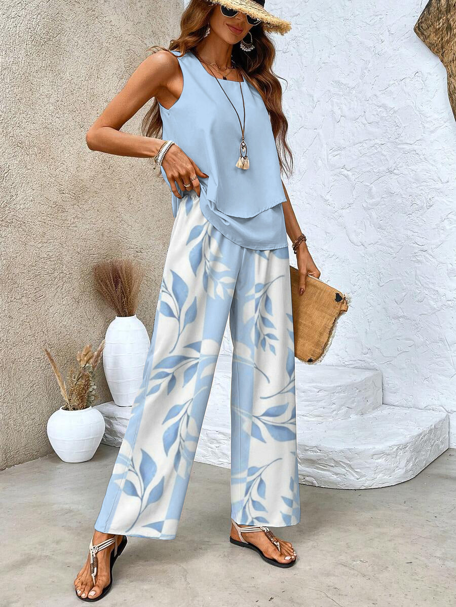 Women's Two-Piece Suit - Sleeveless Top with Layers - Wide Legs - Airy Fit - Image 2