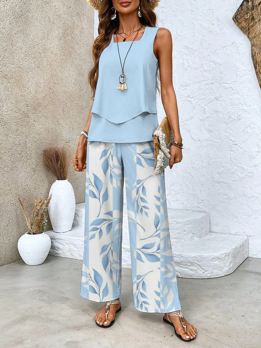 Women's Two-Piece Suit - Sleeveless Top with Layers - Wide Legs - Airy Fit - Image 4
