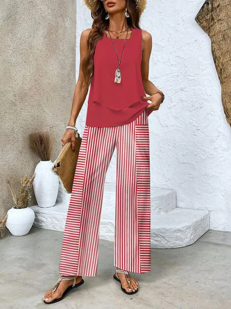 Women's Two-Piece Suit - Sleeveless Top with Layers - Wide Legs - Airy Fit - Image 5