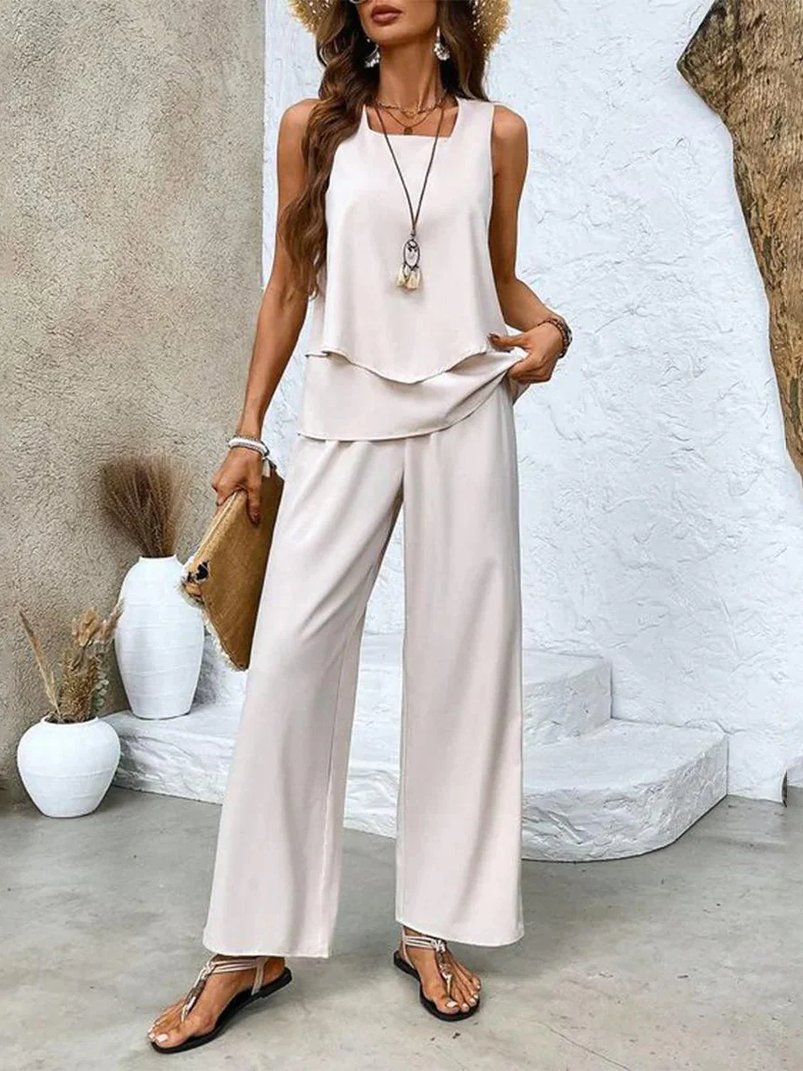Women's Two-Piece Suit - Sleeveless Top with Layers - Wide Legs - Airy Fit - Image 6