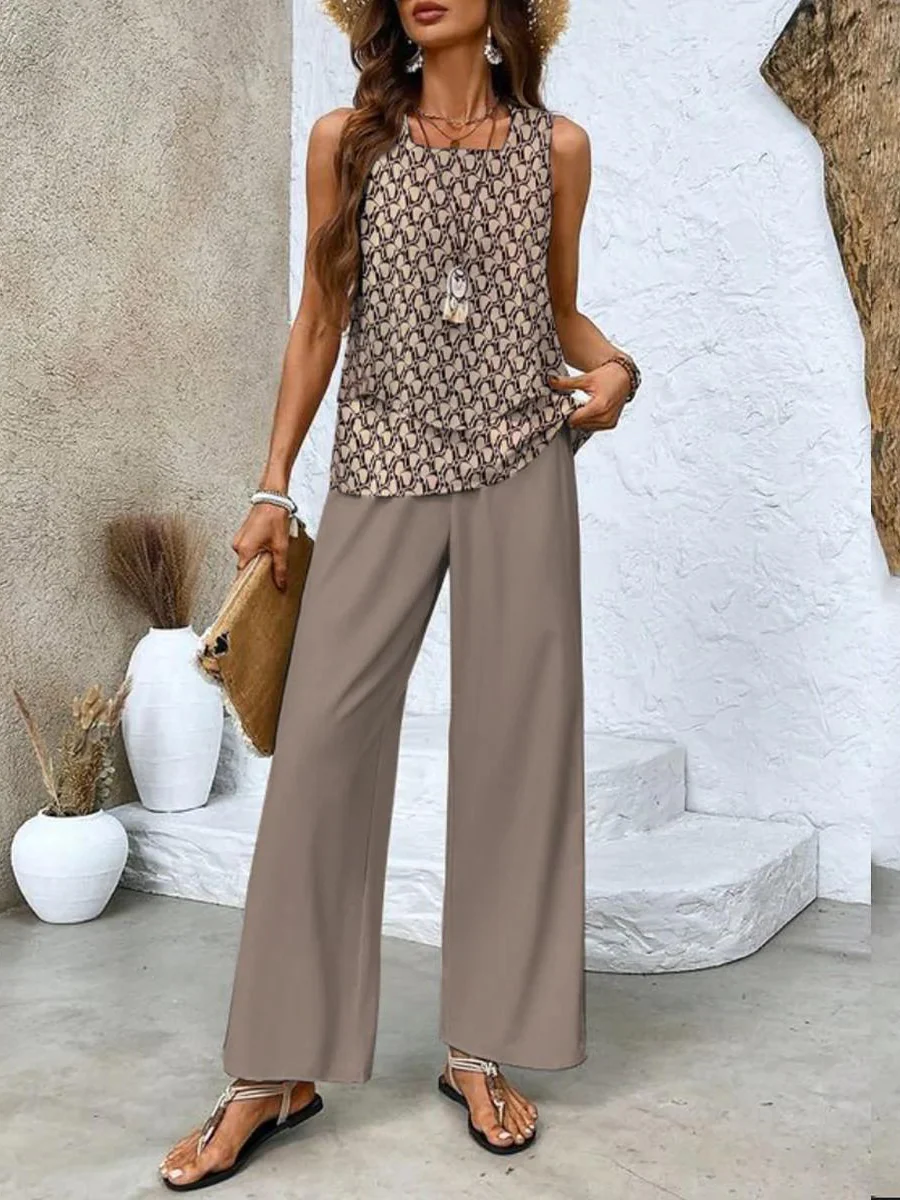 Women's Two-Piece Suit - Sleeveless Top with Layers - Wide Legs - Airy Fit - Image 7