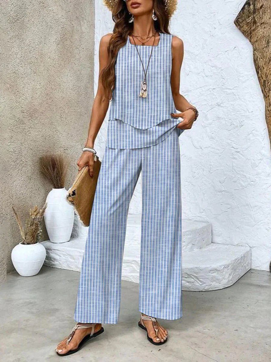 Women's Two-Piece Suit - Sleeveless Top with Layers - Wide Legs - Airy Fit - Image 8