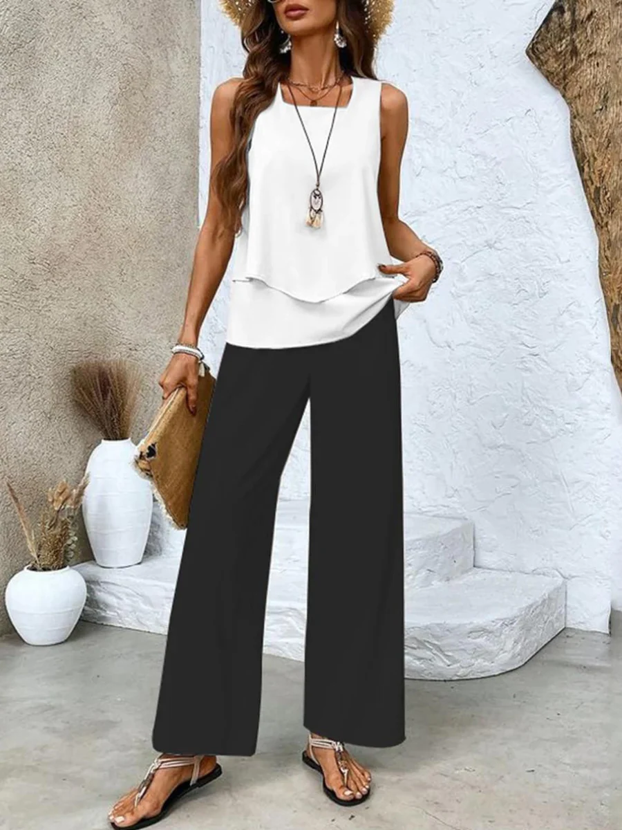 Women's Two-Piece Suit - Sleeveless Top with Layers - Wide Legs - Airy Fit - Image 9