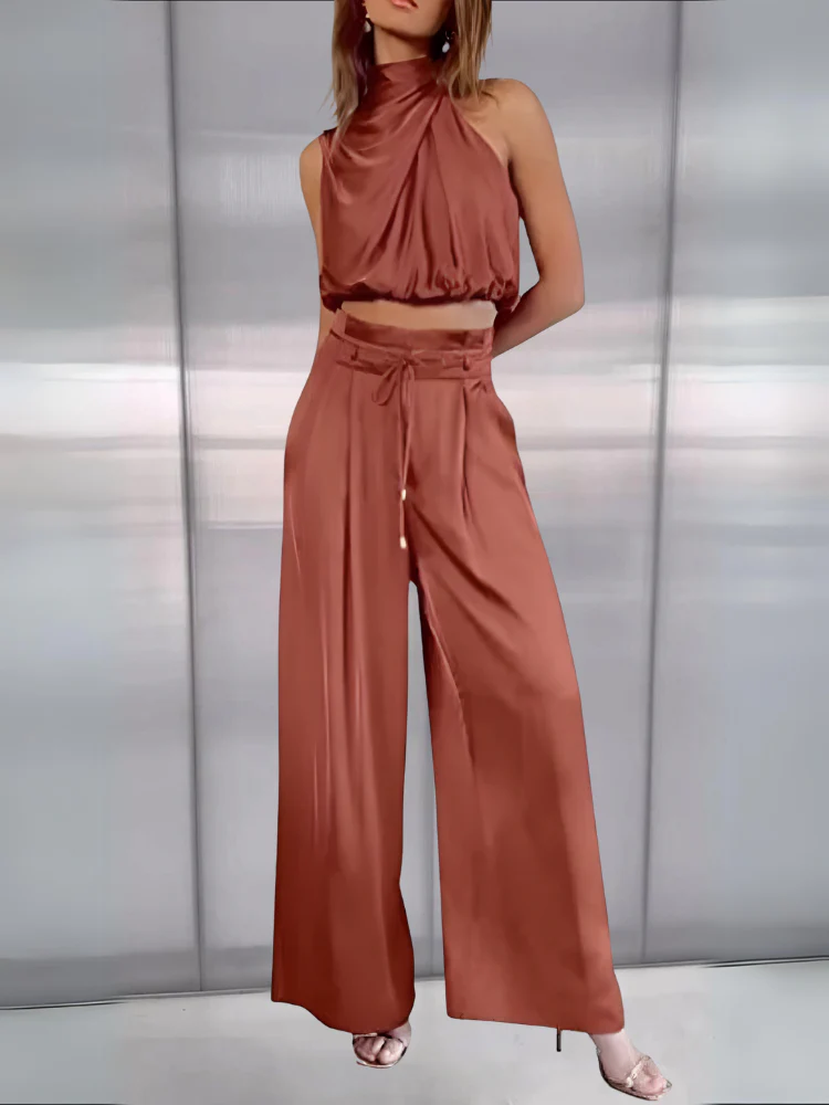 Women's Set - Halter Crop Top & High Waist Wide Pants - Elegant Fit - Image 10