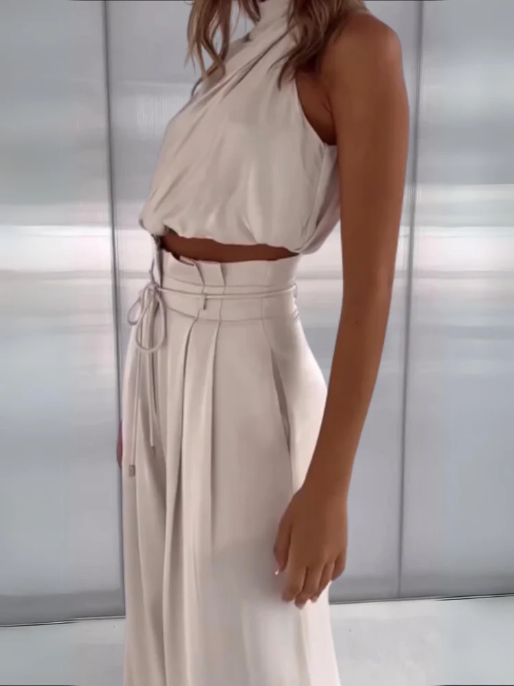 Women's Set - Halter Crop Top & High Waist Wide Pants - Elegant Fit - Image 2