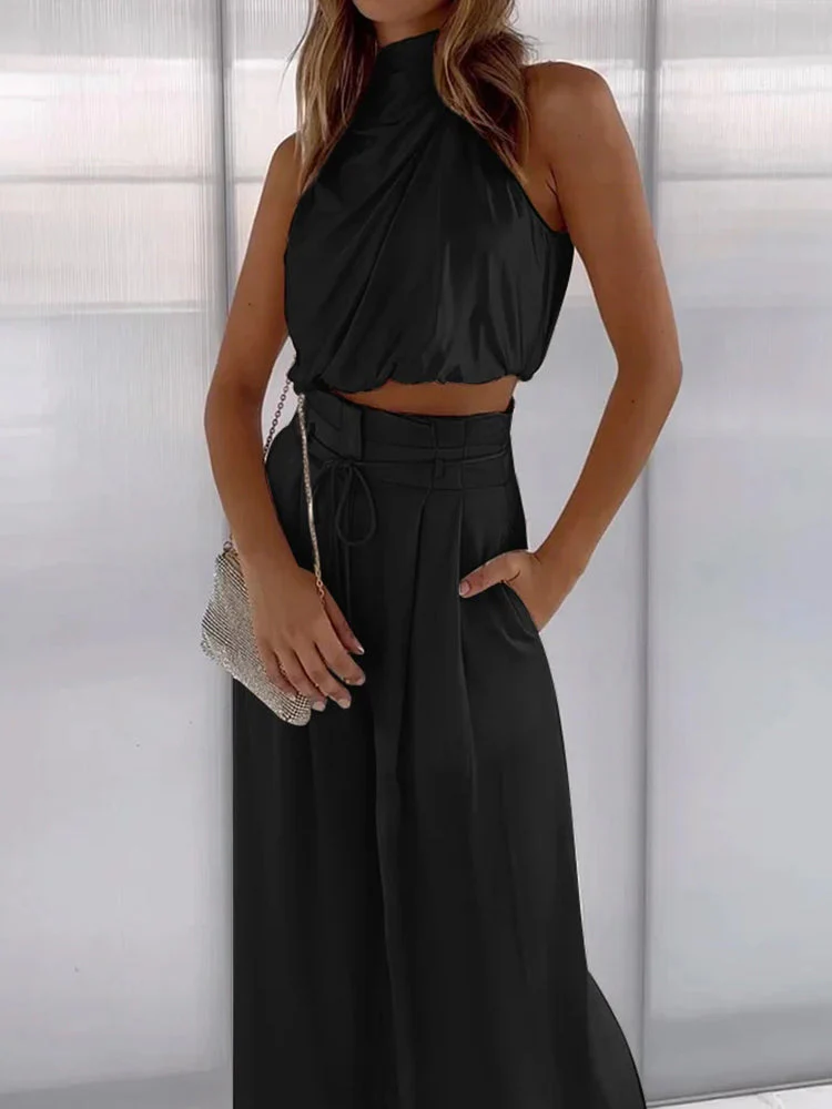 Women's Set - Halter Crop Top & High Waist Wide Pants - Elegant Fit - Image 4