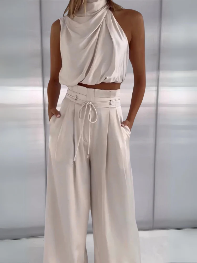 Women's Set - Halter Crop Top & High Waist Wide Pants - Elegant Fit - Image 5