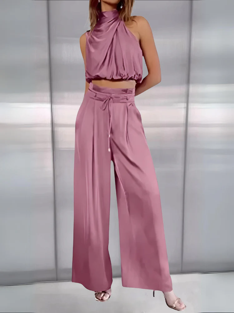 Women's Set - Halter Crop Top & High Waist Wide Pants - Elegant Fit - Image 6