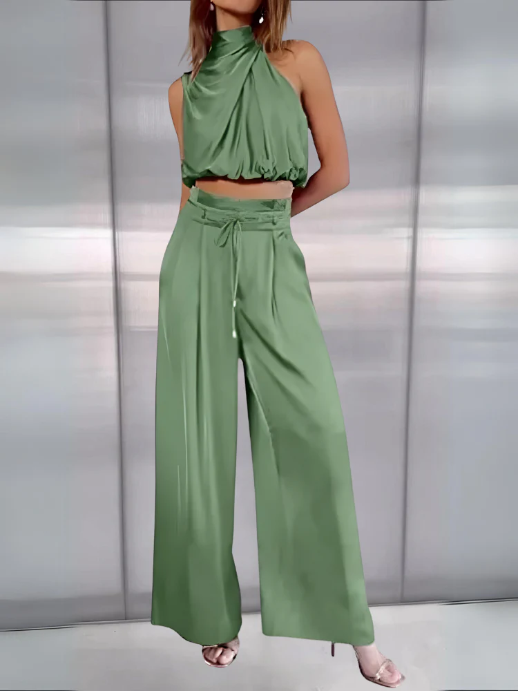 Women's Set - Halter Crop Top & High Waist Wide Pants - Elegant Fit - Image 7