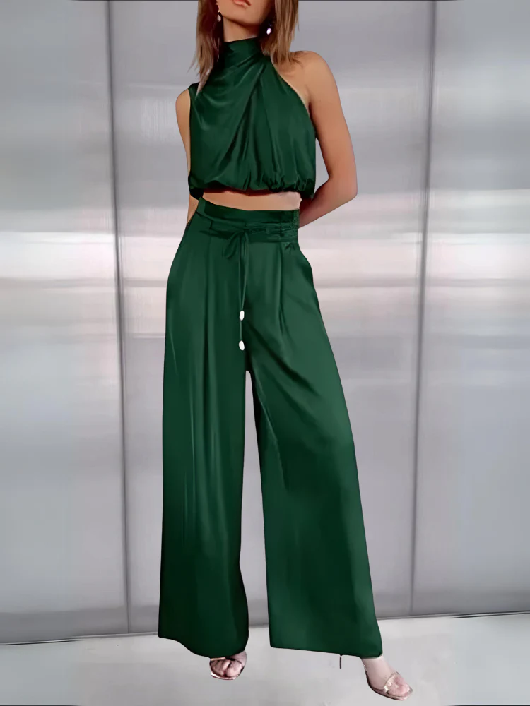 Women's Set - Halter Crop Top & High Waist Wide Pants - Elegant Fit - Image 8