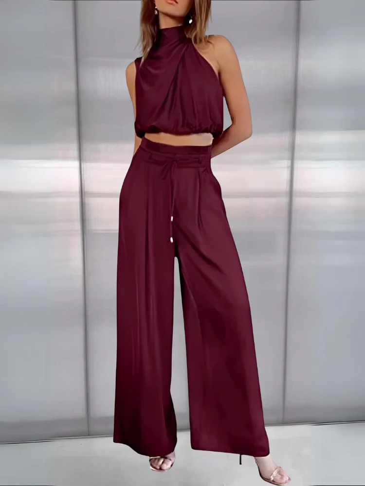 Women's Set - Halter Crop Top & High Waist Wide Pants - Elegant Fit - Image 9