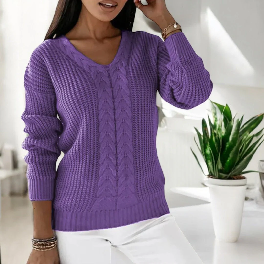 Women's Knitted Sweater – V-Neck – Cable Pattern – Ribbed Trims – Comfortable Fit - Image 10