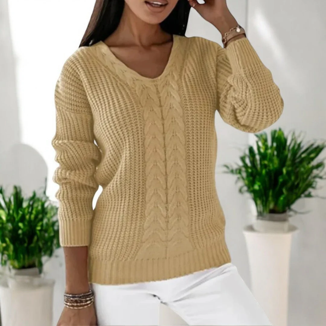 Women's Knitted Sweater – V-Neck – Cable Pattern – Ribbed Trims – Comfortable Fit - Image 12