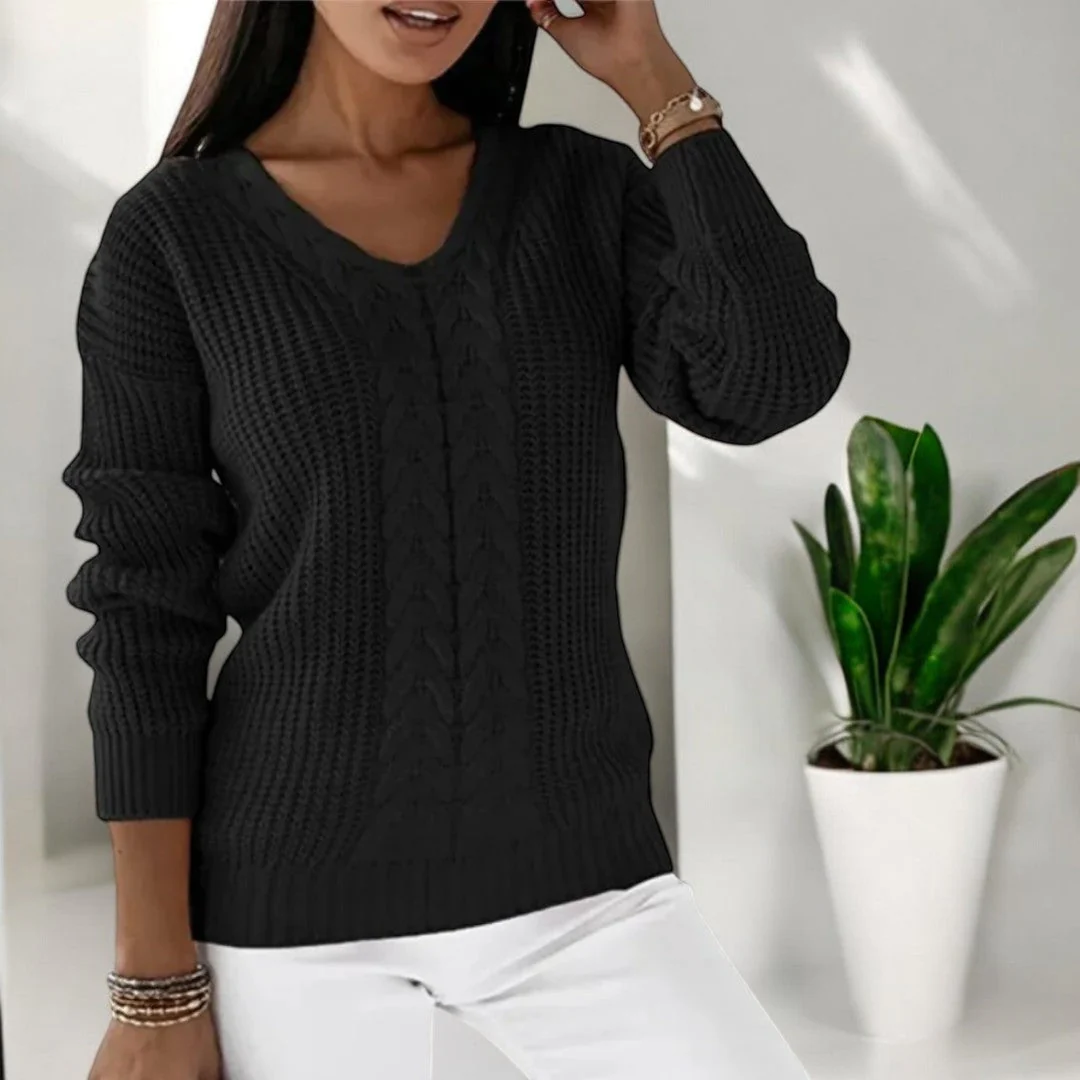 Women's Knitted Sweater – V-Neck – Cable Pattern – Ribbed Trims – Comfortable Fit - Image 2