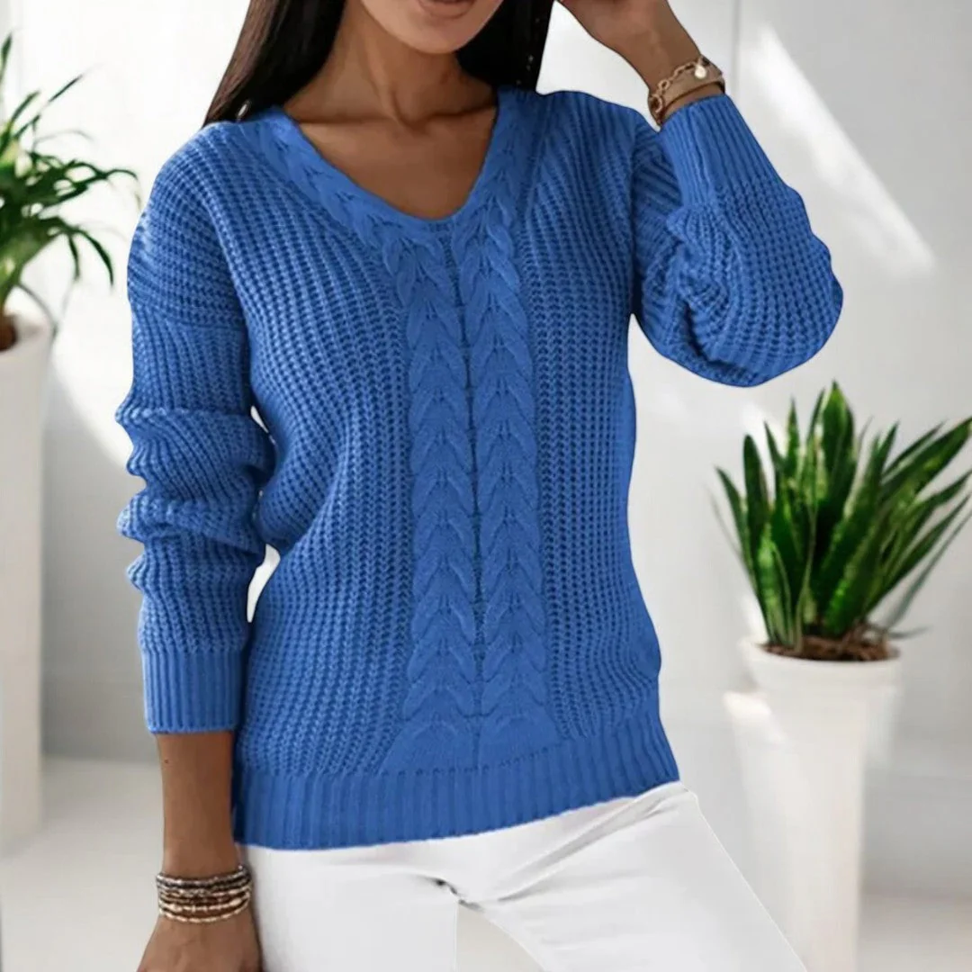 Women's Knitted Sweater – V-Neck – Cable Pattern – Ribbed Trims – Comfortable Fit - Image 3
