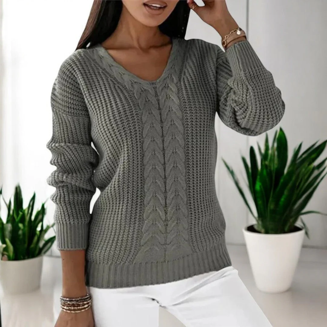 Women's Knitted Sweater – V-Neck – Cable Pattern – Ribbed Trims – Comfortable Fit - Image 4