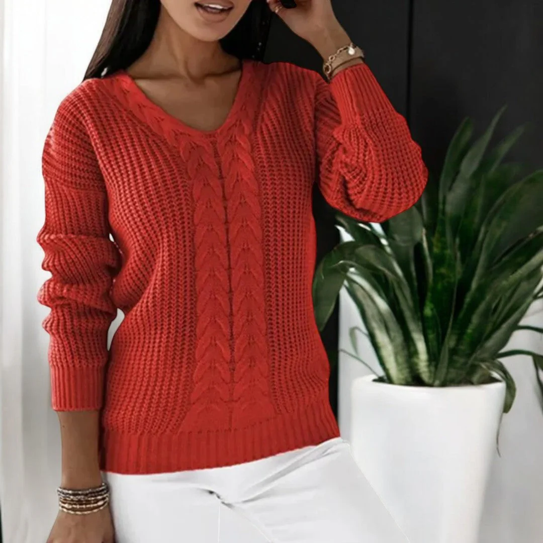 Women's Knitted Sweater – V-Neck – Cable Pattern – Ribbed Trims – Comfortable Fit - Image 6