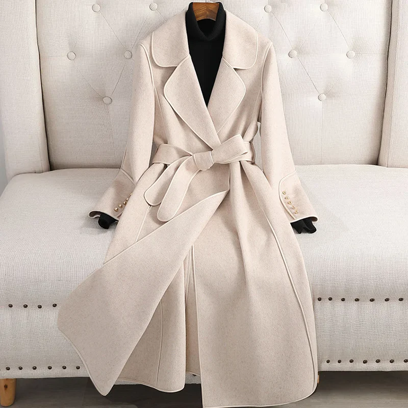 Women's Trenchcoat - Woolblend - Fitted Model - Double-Breasted - With Belt - Image 5