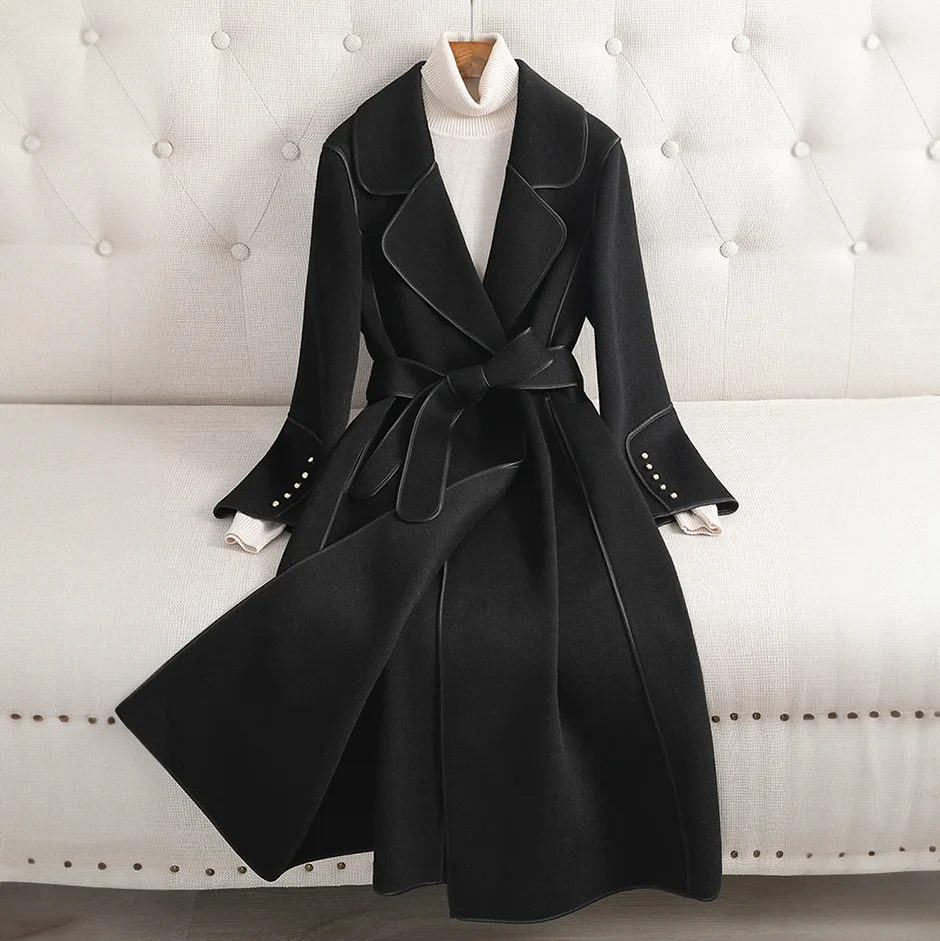 Women's Trenchcoat - Woolblend - Fitted Model - Double-Breasted - With Belt - Image 6