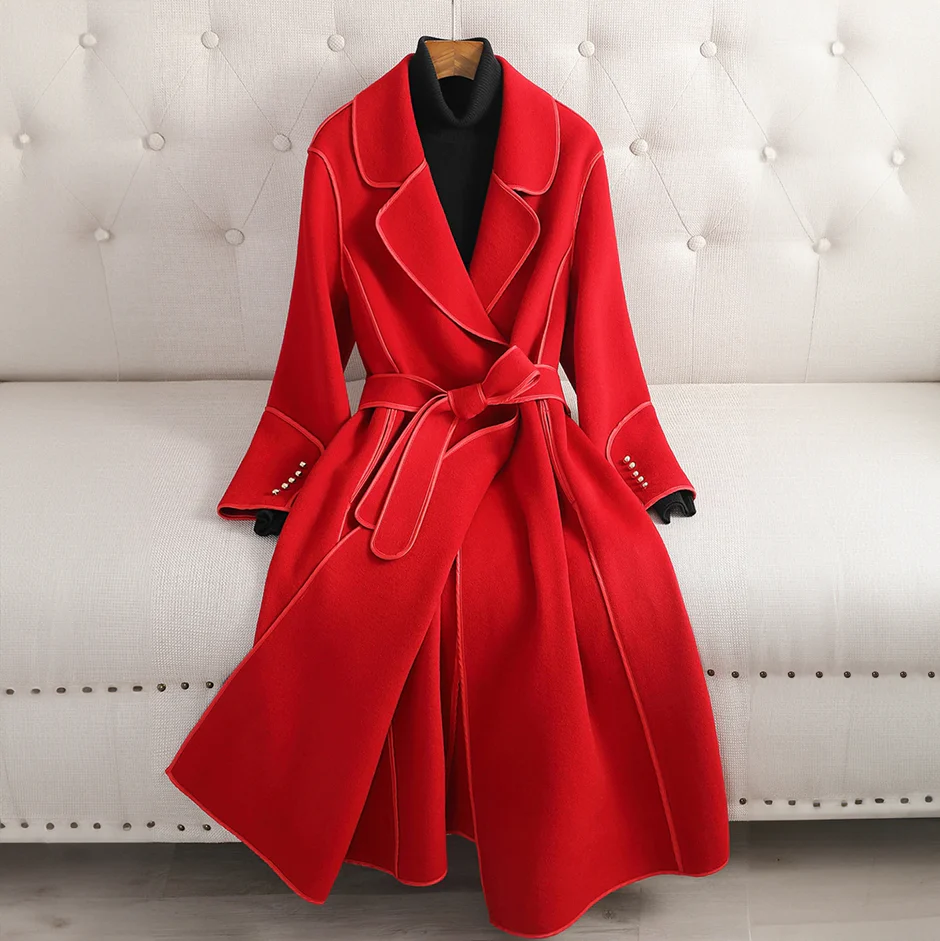 Women's Trenchcoat - Woolblend - Fitted Model - Double-Breasted - With Belt - Image 7