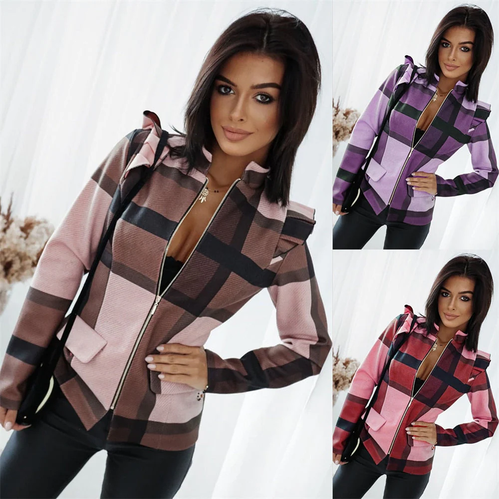 Ladies Coat – Tailored Fit – Checked Pattern – Zipper Closure – Flap Pockets - Image 2