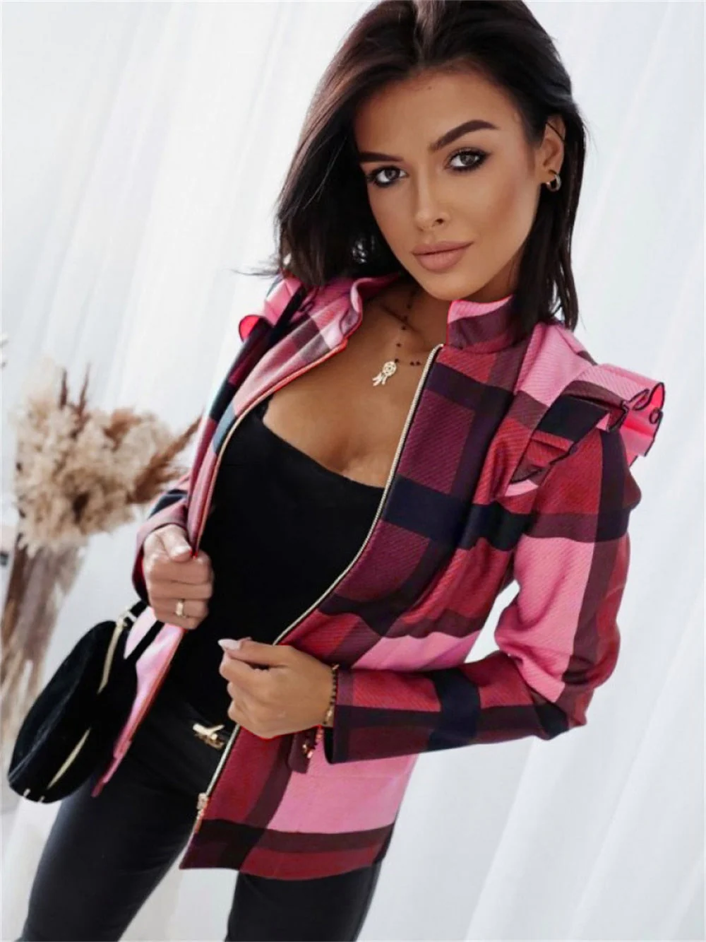 Ladies Coat – Tailored Fit – Checked Pattern – Zipper Closure – Flap Pockets - Image 5