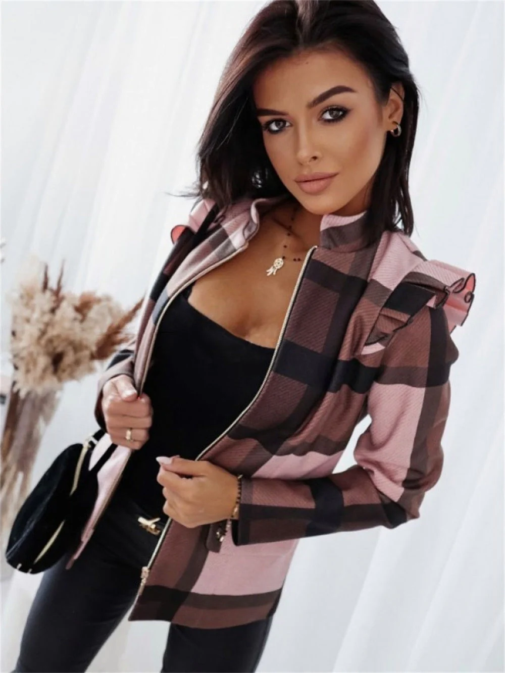 Ladies Coat – Tailored Fit – Checked Pattern – Zipper Closure – Flap Pockets - Image 7