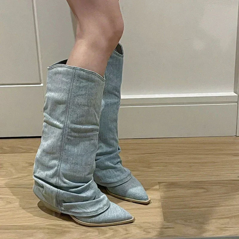 Women's Knee-High Boots - Denim - Slouchy Design - Pointed Toe - Low Heel - Trendy Style - Image 2