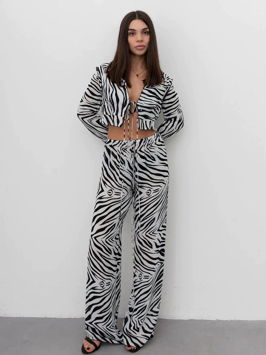 Ladies Co-ord Set - Crop Top with Deep Neckline - High Waist Wide Leg Trousers - Zebra Print - Image 2