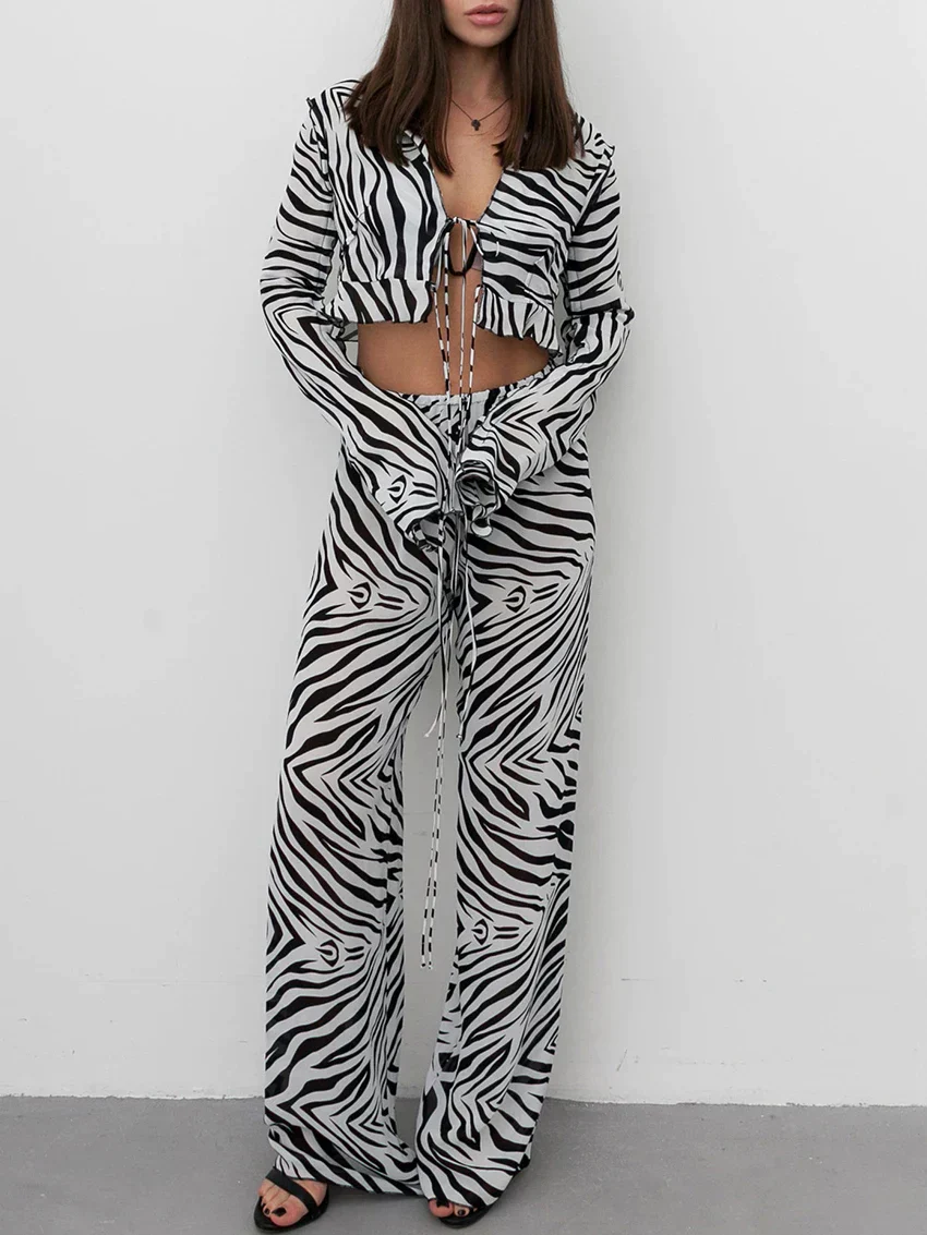Ladies Co-ord Set - Crop Top with Deep Neckline - High Waist Wide Leg Trousers - Zebra Print - Image 3