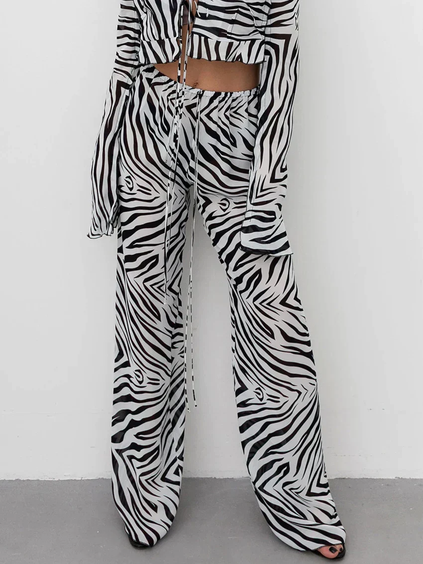 Ladies Co-ord Set - Crop Top with Deep Neckline - High Waist Wide Leg Trousers - Zebra Print - Image 4