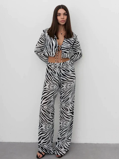 Ladies Co-ord Set - Crop Top with Deep Neckline - High Waist Wide Leg Trousers - Zebra Print - Image 5