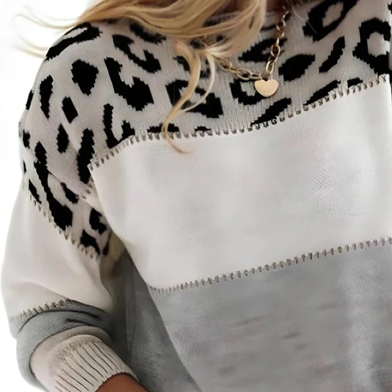 Women's Sweater - Relaxed Fit - Knitted - Leopard Print and Color-Block Design - Round Neck - Image 3
