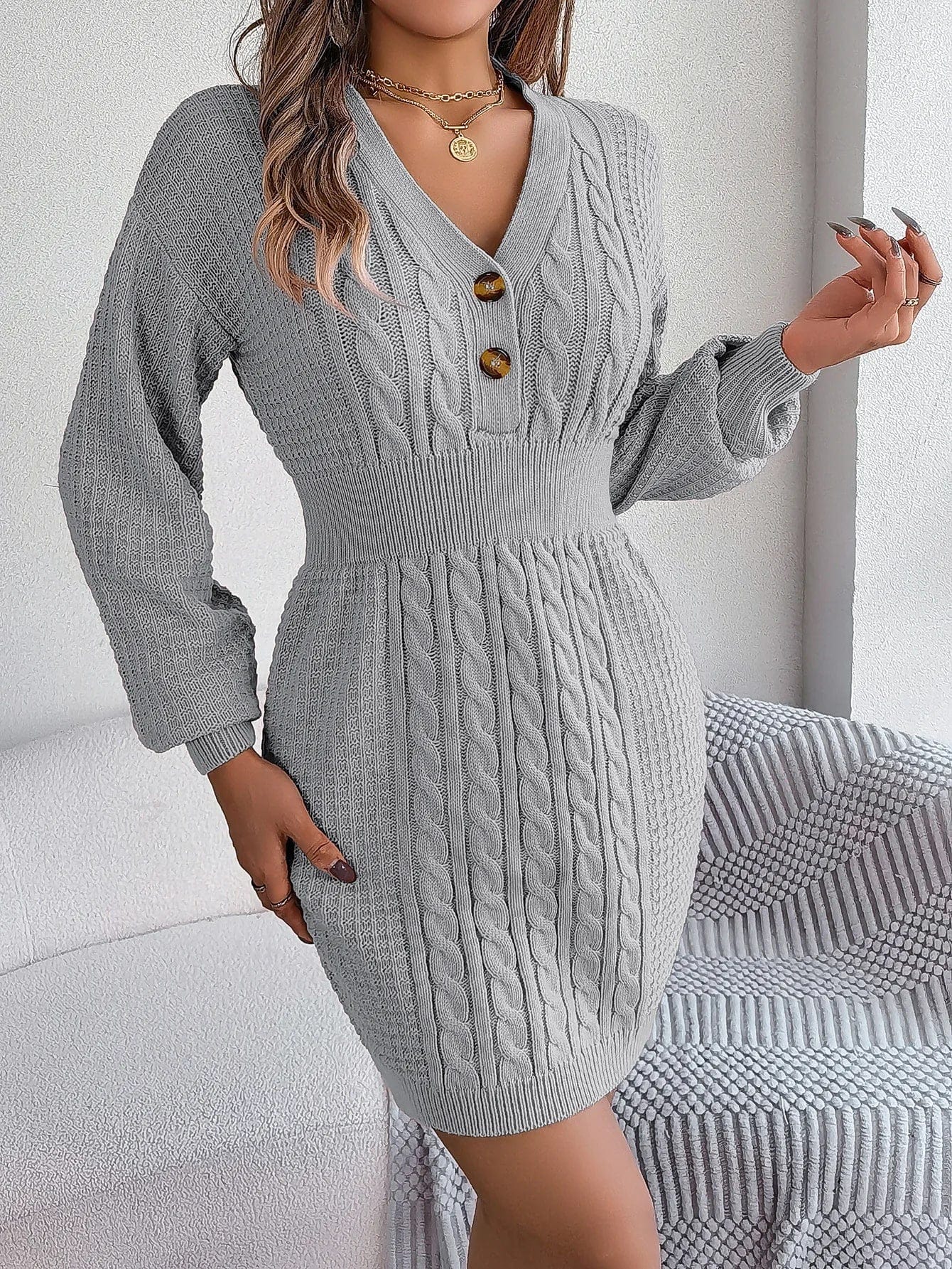Women's Knitted Sweater Dress - V-neck - Button Detail - Cable Pattern - Fitted Model - Image 3