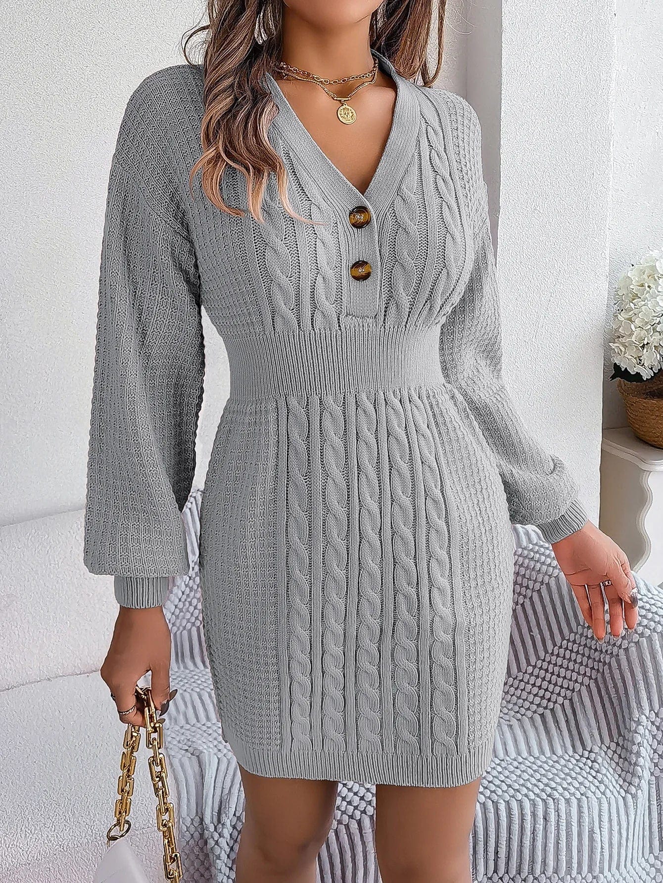 Women's Knitted Sweater Dress - V-neck - Button Detail - Cable Pattern - Fitted Model - Image 6