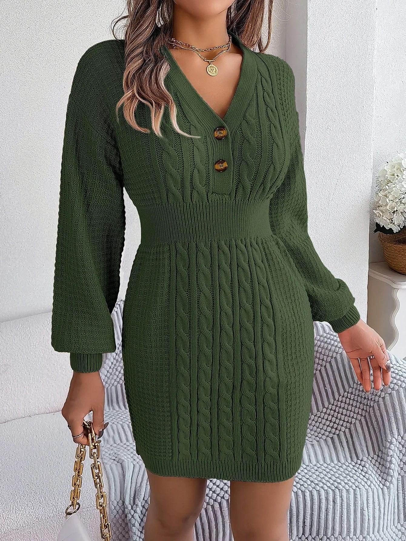 Women's Knitted Sweater Dress - V-neck - Button Detail - Cable Pattern - Fitted Model - Image 7